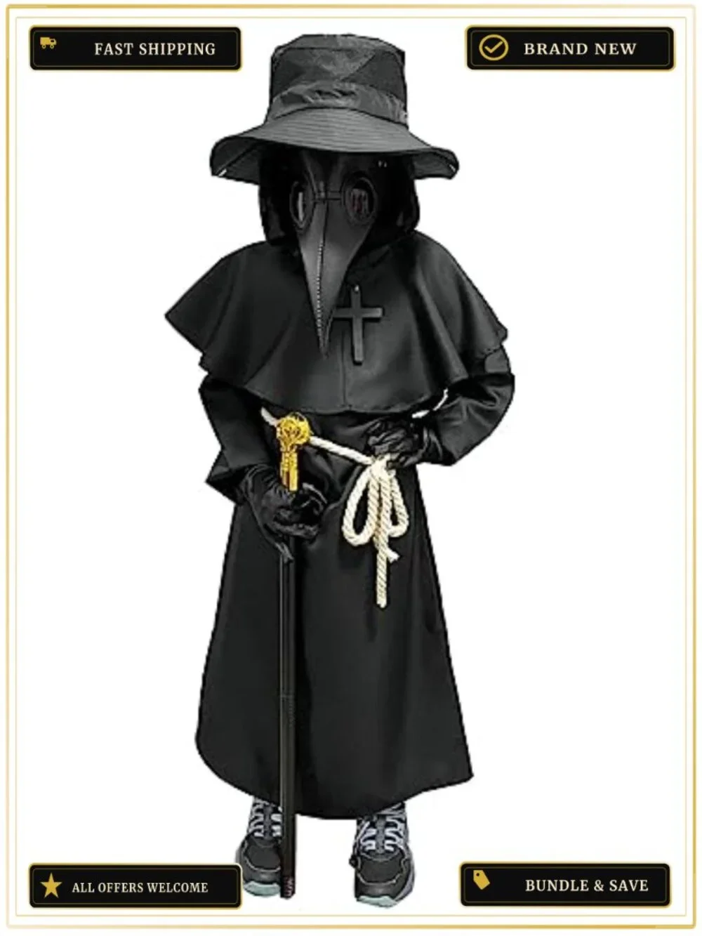 Plague Doctor Halloween Costume Kids 7-Piece PU Leather Set